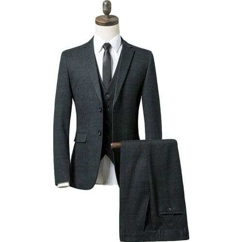 2019 New Plaid Green Suit Men Slim Fit Prom 3 Piece Suit Business Formal Groomsmen Mens Wedding suits(Jacket+Pants+Vest)