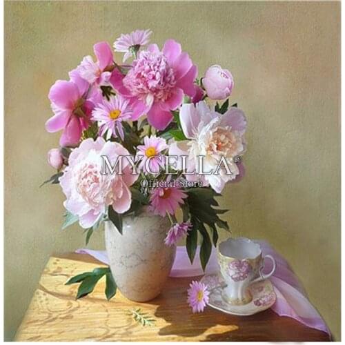 5D DIY Diamond Painting Flower Full Round Diamond Embroidery Cross Stitch Peony Flower &Cup Table Needlework Mosaic Home Decor