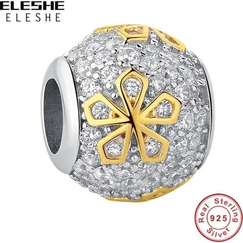 ELESHE 925 Sterling Silver Sparkling Crystal Beads Gold Color Flower DIY Fine Charms Fit Original Bracelet Christmas Jewelry
