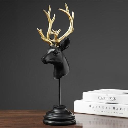 Black Deer Head Tabletop Decoration Living Room Bedroom Bookshelf Antler Decoration Resin Crafts Creative Products Figurines