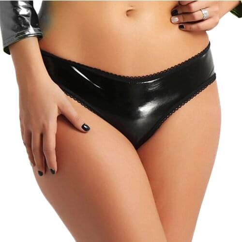 Black Womens Lingerie Mini Underwear Cut Cage-Back Hipster Panty Wet Look Faux Leather Bowknot Low Rise Briefs