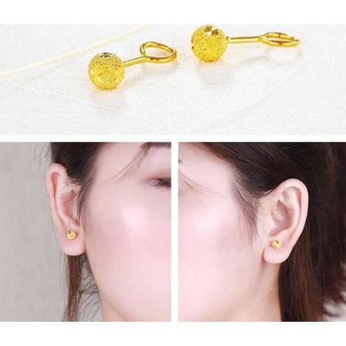 Pure 24K Yellow Gold Earrings Women Sandstone Ball Stud Earrings