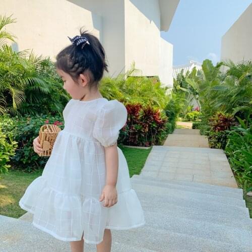 DFXD Children Dress 2020 Summer High Quality White Plaid Puff Sleeve Princess Dress Kids Fashion Party Dress Outfit 1-5T Vestido