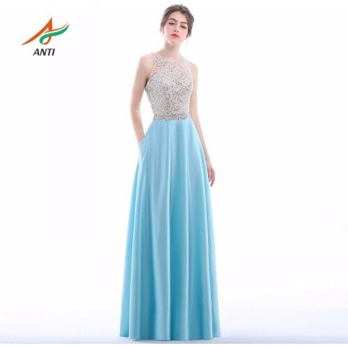 ANTI Elegant Evening Dresses A-Line Sleeves 2019 Beaded Crystals Vestidos De Festa Formature Pockets Party Gowns Real Pictures