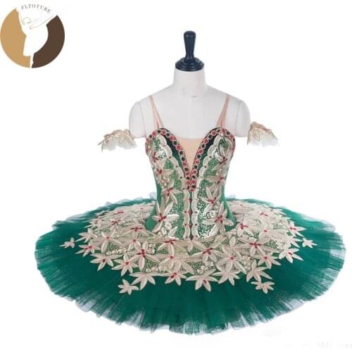 FLTOTURE AT1285 Classical Ballet Pancake Tutu Ballet Dance Stage Costumes Custom Made Green Color Tutu Skirt Don Quixote Wear