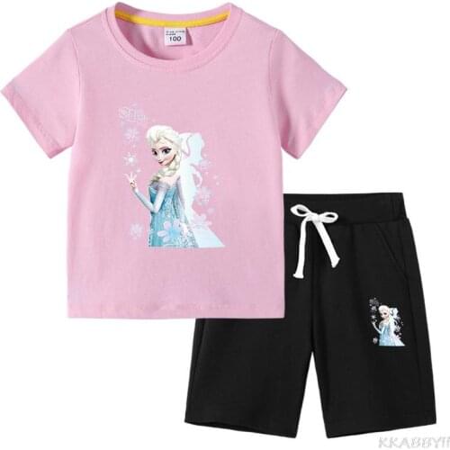 Disney Frozen Summer New Childrens T-Shirt Childrens Clothing Korean Edition Cotton Childrens Short Sleeve Pants Two Sets