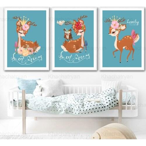 Fawn Canvas Painting Animal Childrens Room Fawn Poster Home Decoration Flowers Sweet Wall Picture for Living Room Decor Art