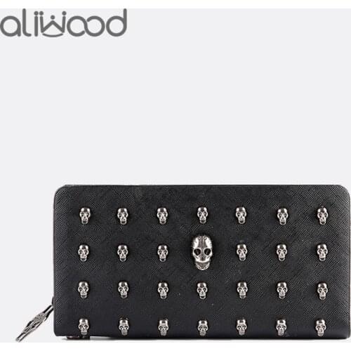 Aliwood Women Wallet Metal Skull Wallet Leather Black Card Purse Wristlet Portefeuille Handbag Carteira Feminina Lady Cash Purse
