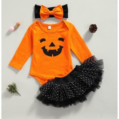 Baby Girls Halloween 3PCS Outfits Long Sleeve Pumpkin Smile Face Romper + Mesh Tutu Skirt + Headband Set