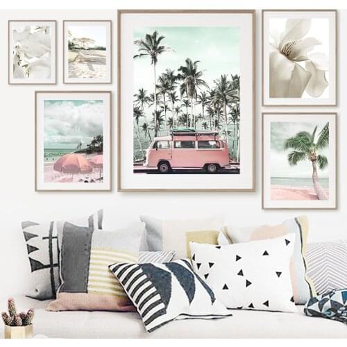 Palm Tree Car Sea Beach Umbrella Peony Wall Art Canvas Painting Nordic Posters And Prints Wall Pictures For Living Room Decor