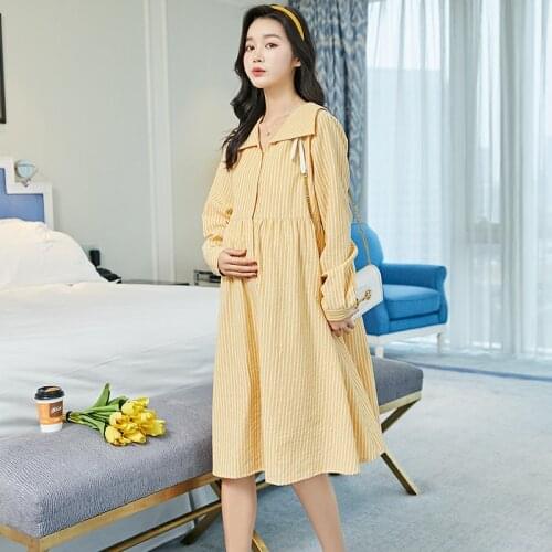 2021 Maternity Dress Spring and Summer Long-sleeved Long Summer Thin Section Mid-length Skirt Casual Loose Striped Lapel Shirt