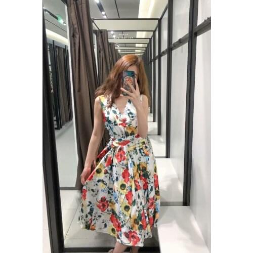 Garden print sleeveless dress with deep V-neck belt French MIDI skirt holiday skirt