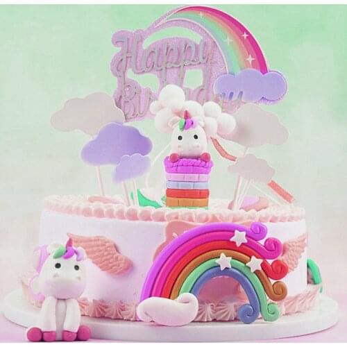 Rainbow unicorn theme Cake Topper 3D Clouds happy Birthday Cake Flag Baby Shower Party Cake Toppers Wedding Dessert Table Decor