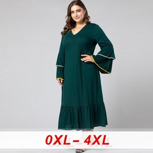 Plus Size Casual Womens V-Neck Ruffles Dress 2020 Fall Elegant Large Solid Flare Sleeve Empire A-Line Dress Evening Long Maxi