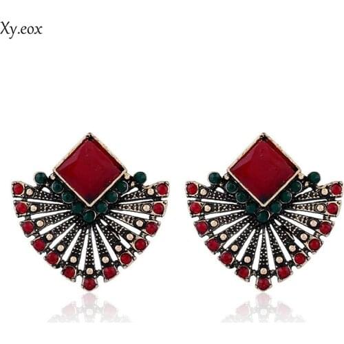 Vintage Bohemian Ethnic Style Red Crystal Luxury Fan-shaped Rhinestone Earrings