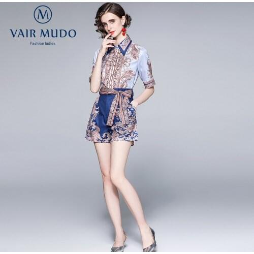 Blue Vintage Print Short-Sleeved Shirt Bow High-Waist Shorts Suit Floral Women Suit Summer Slim Women Fashion Elegant Y-152