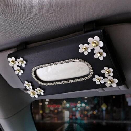 Cute Flower Crystal Leather Car Sun Visor Tissue Box Cover Rhinestone Paper Holder Sunshade Napkin Haning For Auto Accessories