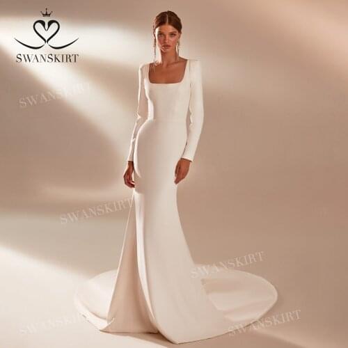 Long Sleeve Mermaid Wedding Dress 2021 Square Collar Open Back Satin Chic Vestido De Novia Princess SwanSarah M013 Bridal Gown