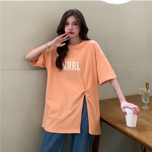 Womens Side Split Fork T Shirts for 2021 Summer Sexy Clothing Teen Girls Casual Loose Streetwear Letter Print Short Sleeve Tees