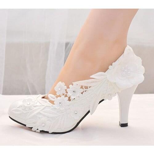 PLUS SIZE 8CM high heel white lace flower bridal wedding shoes handmade luxury romantic bridesmaid party bridal pumps shoe