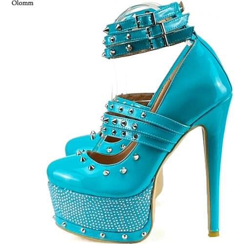 Olomm Handmade Women Platform Pumps Sexy Studded Stiletto High Heels Round Toe Gorgeous 7 Party Shoes Women Plus US Size 5-20