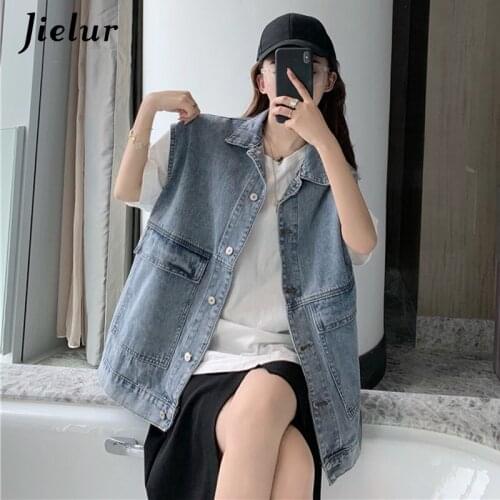 Jielur Autumn Winter New Denim Vest Women Mid-length Large Pockets Loose BF Sleeveless Jacket Turn-down Collar Coat Blue Gray