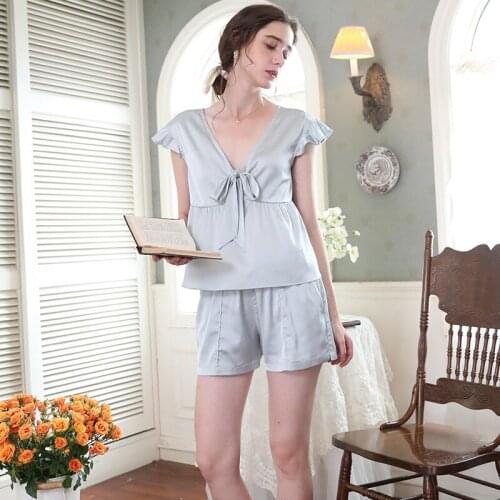 Sweet Bow Trim 2PCS Pajamas Suit Womens Sexy V-Neck Top&Shorts Nightwear Summer New Ice Silk Sleepwear Pijama Casual Home Wear