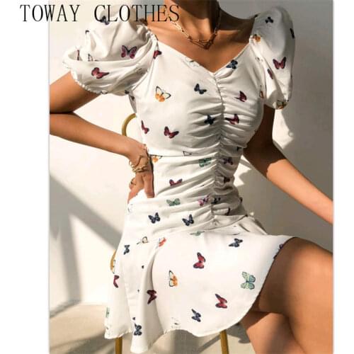 Women Butterfly Print Ruched Puffed Sleeve Mini Dress A Line Short Sleeve Sweet Dresses