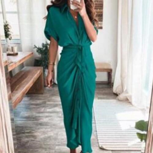 Women Dresses 2021 Autumn Design New Irregular Bandage Long Pleated Dress Short Sleeve V-Neck Slim Floral Dress