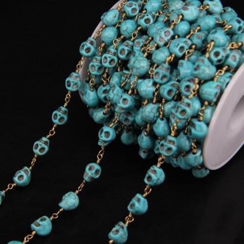 5Meter,8x10mm Size Skull Shape Blue Turquoises Link Chain,Turquoises Skull Brass Wire Wrapped Rosary Chains Necklace Jewelry