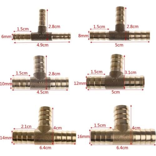 6-16mm Brass T Piece 3 Way Fuel Hose Joiner Connector For Air Oil Gas