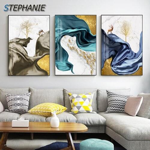 Abstract Gold Fish Deer Tree Canvas Art Modern Tableaux Cuadros Big Wall Art Picture for Living Room Blue Purple Poster HD Print