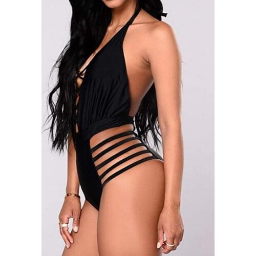 Hirigin Womens Hollow Out Tie Swim Romper Bikini Sleeveless Halter Bandage Plain Bathing High Waist Elastic Side Tie Swimwear