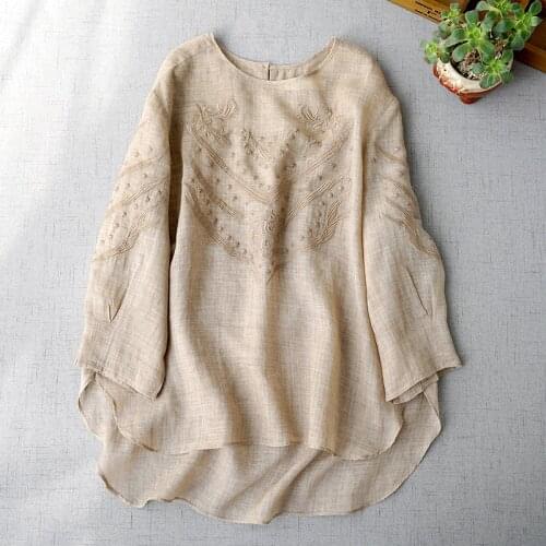 Cool ramie Quarter Sleeve Shirt womens new spring and summer round neck Pullover thin embroidered blouse 20210402