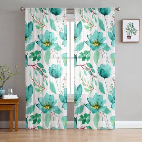 Summer Watercolor Flowers Green Leaves Voile Tulle Sheer Curtains for Bedroom Living Room Kitchen Decor Chiffon Windows Curtain