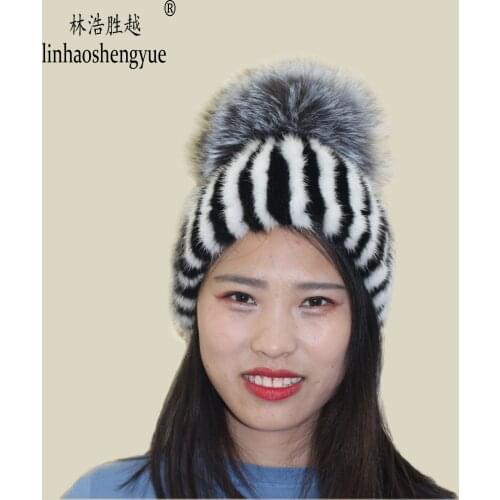 Linhaoshengyue Thicken Warm Fashion Real Fur Mink and Real Fox Hat with Fox Ball Women Cap