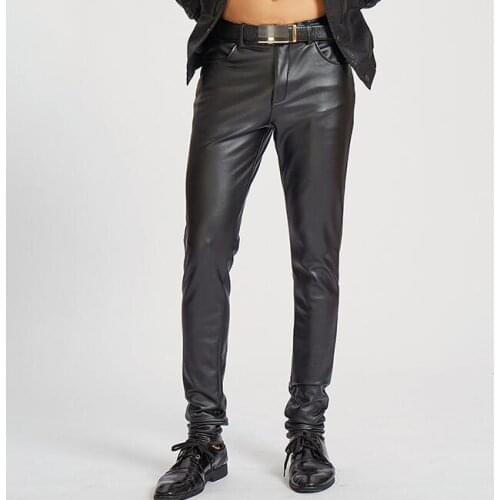 Korean personality fashion slim motorcycle faux leather pants mens feet pants Black tight pu trousers for men pantalon homme