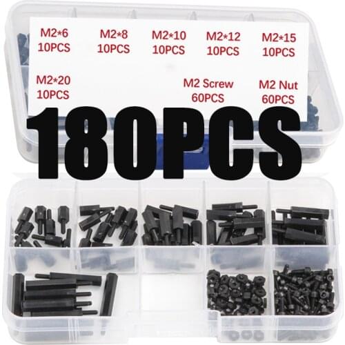 180Pcs/Lot Nylon Standoff Kit M2 M2.5 Male to Female Length 6-20m Black Nylon Standoff Spacer Kit