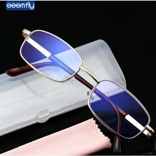 Seemfly Gold Anti Blue Light Reading Glasses Women Men Metal Clear Lens Presbyopia Eyeglasses With Box Cloth Diopters +1.0 +4.0
