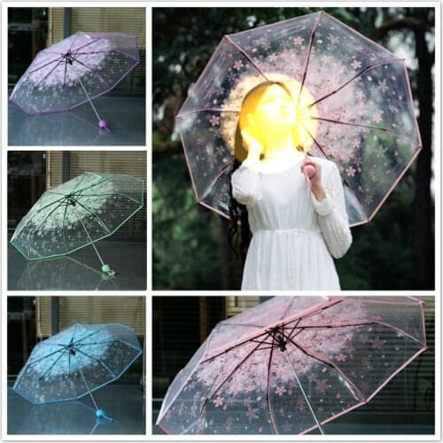 Transparent Umbrellas Protect Against Wind Rain Cherry Sakura 3 Fold Pvc Girl Umbrella Portable Cute Household Rain Gear
