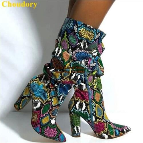 Choudory Luxury Multi-Snakeskin Chunky Heel Middle Boots Pointed Toe Colorized Python Mid-calf Folded Loose Boots Big Size Eu47