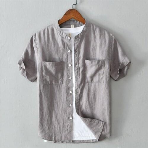 2020 Summer new design short-sleeved stand collar 100% linen shirt men fashion solid shirts for men comfortable shirt mens tops