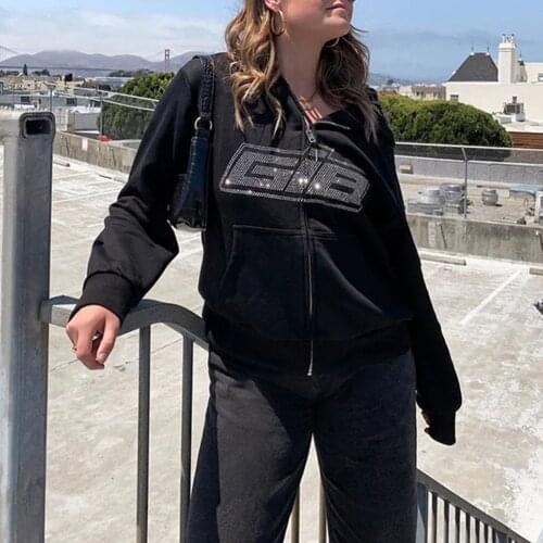 Rhinestone Zipper Oversized Hoodies Women E-girl Vintage Solid Letter Long Sleeve Black Y2k Aesthetic Sweatshirts Autumn Outfits