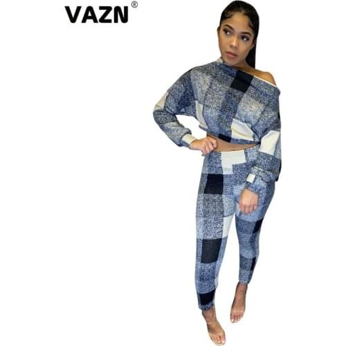 VAZN 2020 Autumn High Quality Classic Plaid Young Daily Elastic Braid Full Sleeve Top Long Pants Tracksuits Women 2 Pieces Set