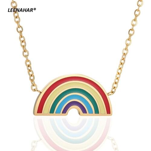 Rainbow Necklace for Women Stainless Steel Enamel Rainbow Charm Pendant Gold Plated Fashion Jewelry Birthday Gift for Girlfriend