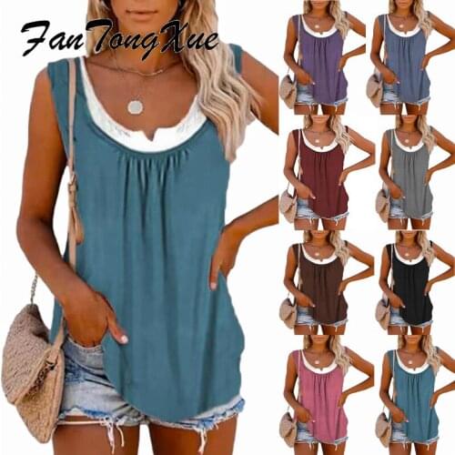 Summer Tank Tops Women 2021 Solid Pleated Casual T-shirt Loose Tank Sleeve Round Neck Long Sporty Tshirts for Women