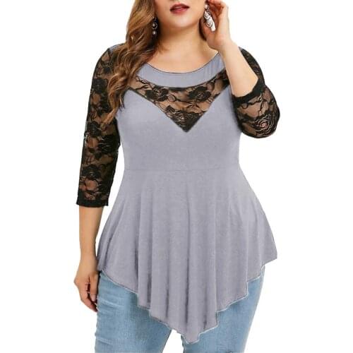 Spring Summer New Womens T-Shirt Large Size Flower Lace Solid Color Irregular Hem See-Through Round Neck Long Sleeve Top