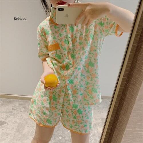 Women Color Matching Cotton Pajamas Set Summer Short Sleeve Shorts 2pcs Loungewear Floral Casual Button Fashion Sleepwear