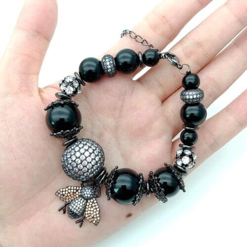7.5" Black Round Onyx cubic zirconia Pave Bracelet Cz Pave Bee Pendant for women