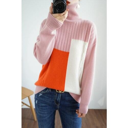 KOIJINSKY 2021 pure wool autumn and winter top womens high collar color matching sweater knitted sweater
